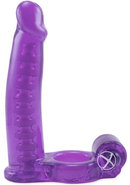Double Penetrator Vibrating Cock Ring With Bendable Dildo - Purple