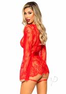 Leg Avenue Eyelash Lace Garter Teddy With G-string Back And Adjustable Straps, Lace Robe And Ribbon Tie (3 Pieces) - Medium - Red
