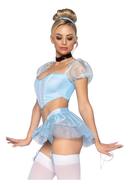 Leg Avenue Glass Slipper Cinderella Boned Sweetheart Crop Top With Organza Sleeves, Garter Panty With Shimmer Sheer Skirt, Ribbon Choker, And Matching Hair Band (4 Piece) - Small - Blue